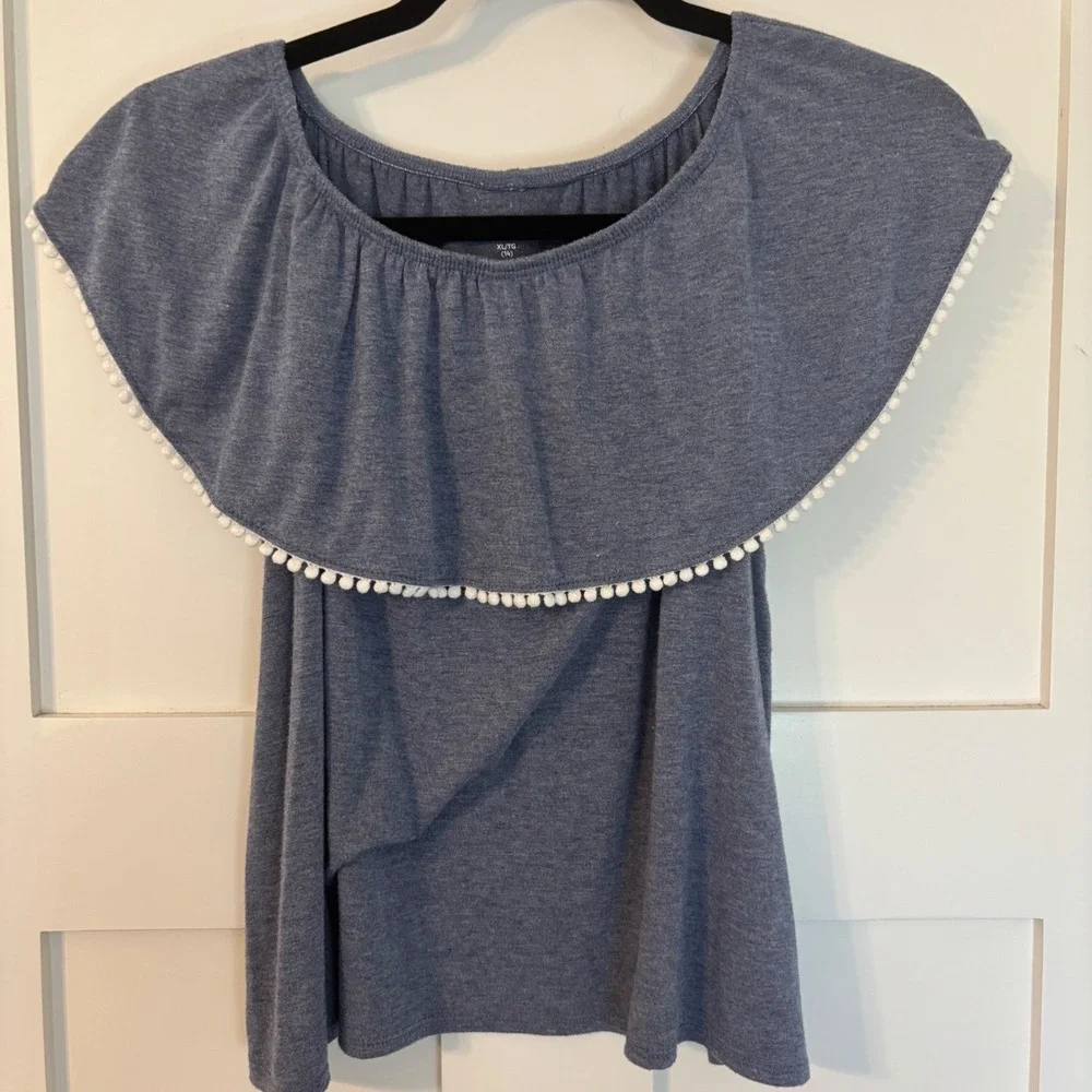 Old Navy Girls XL 14 Blue Pom Pom‎ Ruffle Off Shoulder Knit Top Heathered Boho